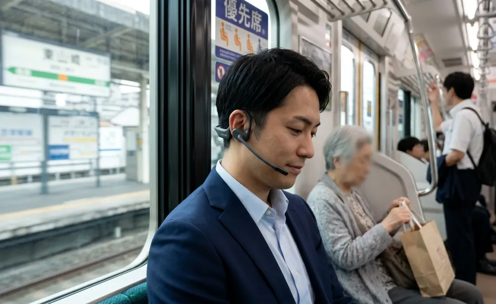 電車内でオープンイヤー型イヤホンを装着するビジネスパーソン
