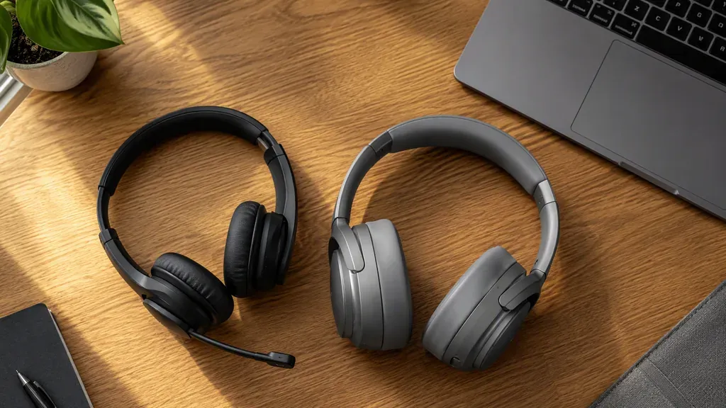 A wireless headset with boom microphone next to over-ear headphones on a wooden desk