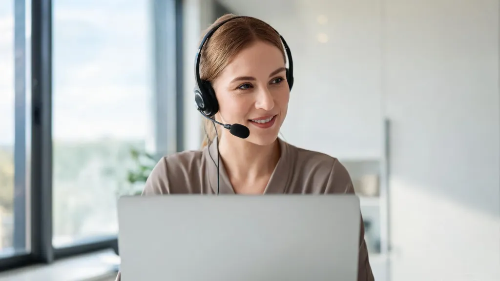 A professional woman in a modern home office wearing a communication headset during a video call
