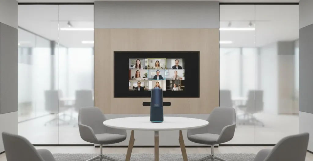 Video bar device mounted below display screen in modern huddle room