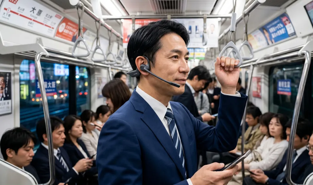 電車内でオープンイヤー型イヤホンを装着するビジネスパーソン