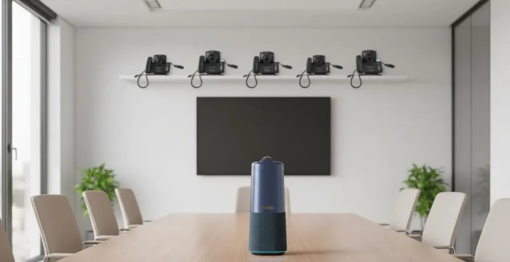 Modern all-in-one conference camera on table with legacy equipment in background