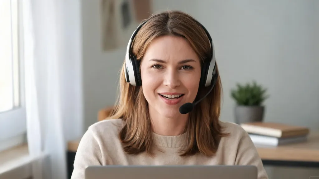 A woman on a video call wearing a wireless headset with a boom microphone near her mouth in a bright home office