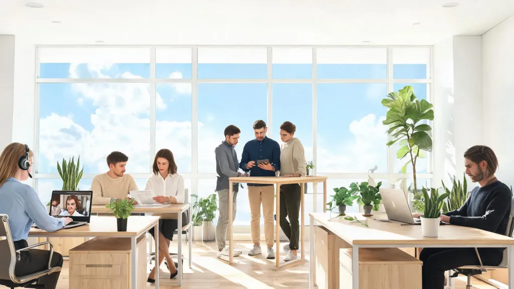 Busy modern open-plan office with diverse professionals collaborating and bright natural lighting