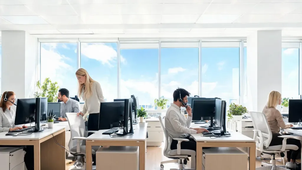 Cover image showing a modern travel customer service team working in a bright, open-plan support center with large windows and natural daylight