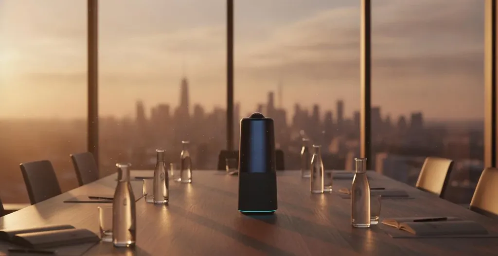 Professional speakerphone device on conference table at sunset