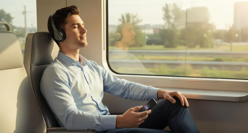 Commuter wearing headphones and enjoying ad-free music on a train ride to work