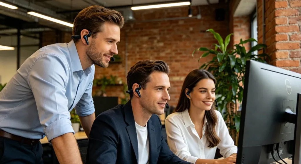 Diverse professional team in a modern coworking space with exposed brick walls, green plants, and large monitors, wearing sleek headsets