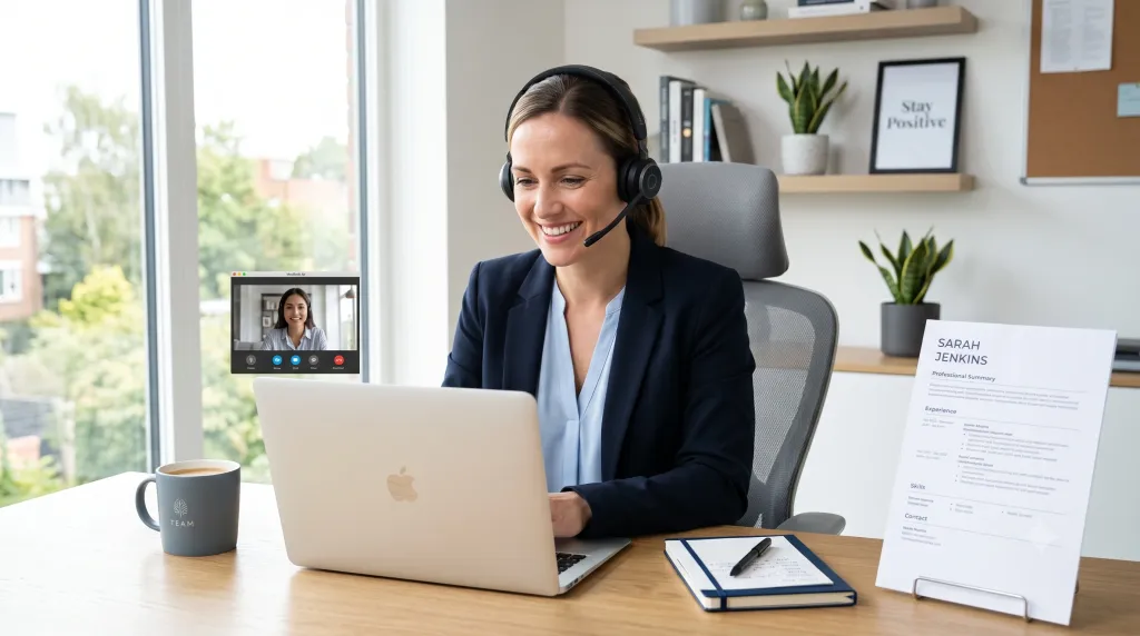 Professional customer service representative working remotely with professional audio video gear