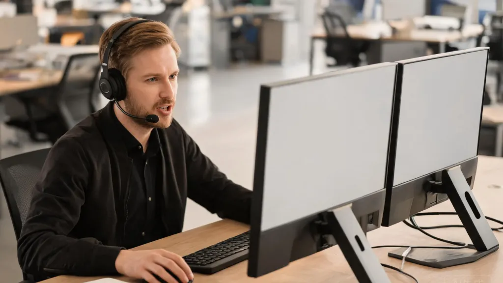 A customer support agent wearing a headset at a modern office desk with dual monitors