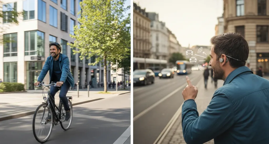 Mann fährt Fahrrad in einer europäischen Stadt mit Open-Ear Headset, daneben Detailansicht wie das freie Ohr Verkehrsgeräusche wahrnehmen lässt