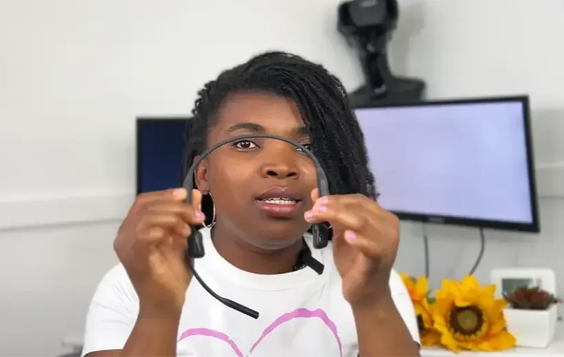 mom cynthia is illustrating people her wfh headset