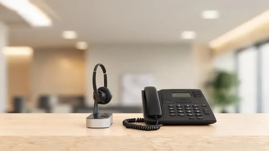 A wireless DECT headset resting on its charging base beside a traditional office desk phone in warm ambient light