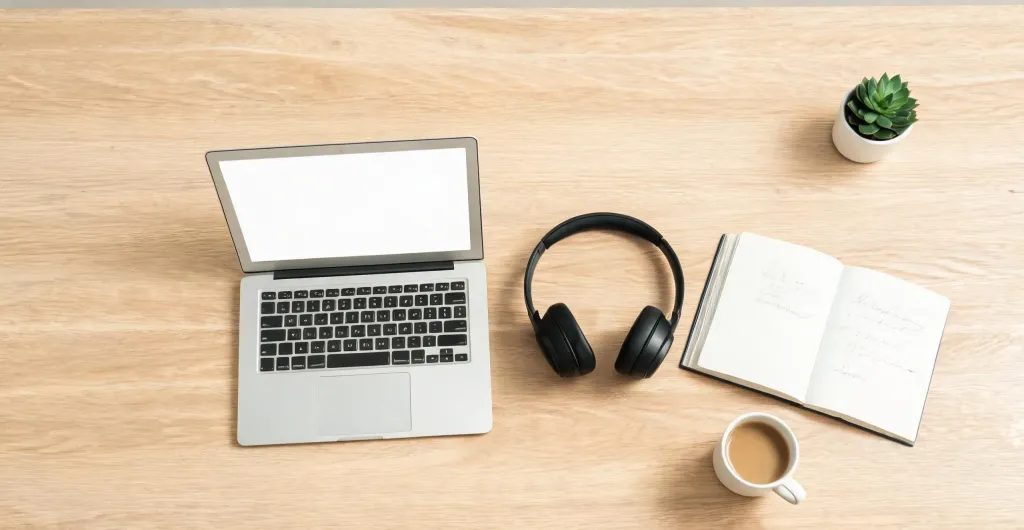Overhead view of a clean minimalist desk setup with laptop, wireless headphones, open notebook with handwritten notes, coffee cup, and small potted plant, soft daylight, modern product photography style, no text, no logos, clean edges, no borders, no black bars, full bleed composition, edge-to-edge content, no text, no logos, no watermarks, no signatures, no UI badges, no stamps