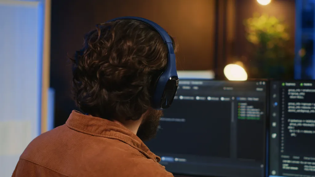 A developer wearing over-ear audio gear while looking at programming monitors, demonstrating the daily use of the best noise cancelling headphones for coding.