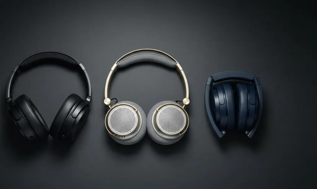 Three premium wireless audio headsets lined up on a dark surface for a side-by-side review of the best noise cancelling headphones for coding.