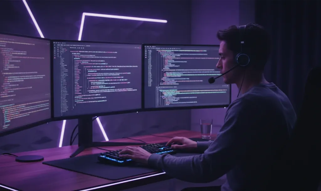 A software engineer utilizing a boom microphone headset across a multi-monitor workstation, highlighting the best noise cancelling headphones for coding with voice assistants.