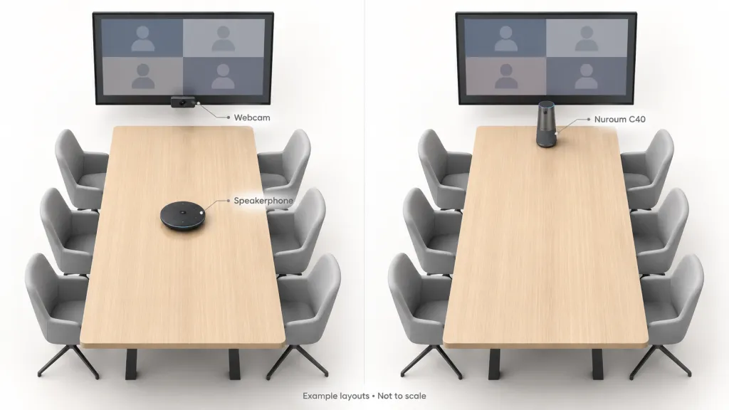 Meeting table layouts showing a separate webcam and speakerphone on the left and a Nuroum C40 at the head of the table on the right.