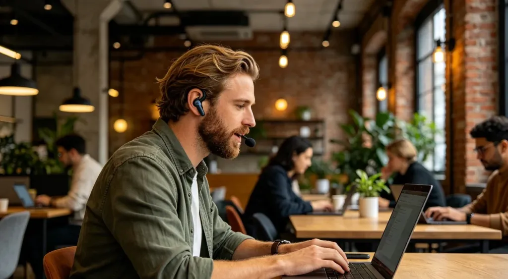 A digital nomad with a beard wearing an open-ear headphone while working at a modern coworking desk