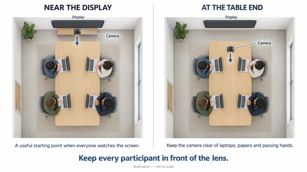 Conference camera placement options near the display and at the end of the table