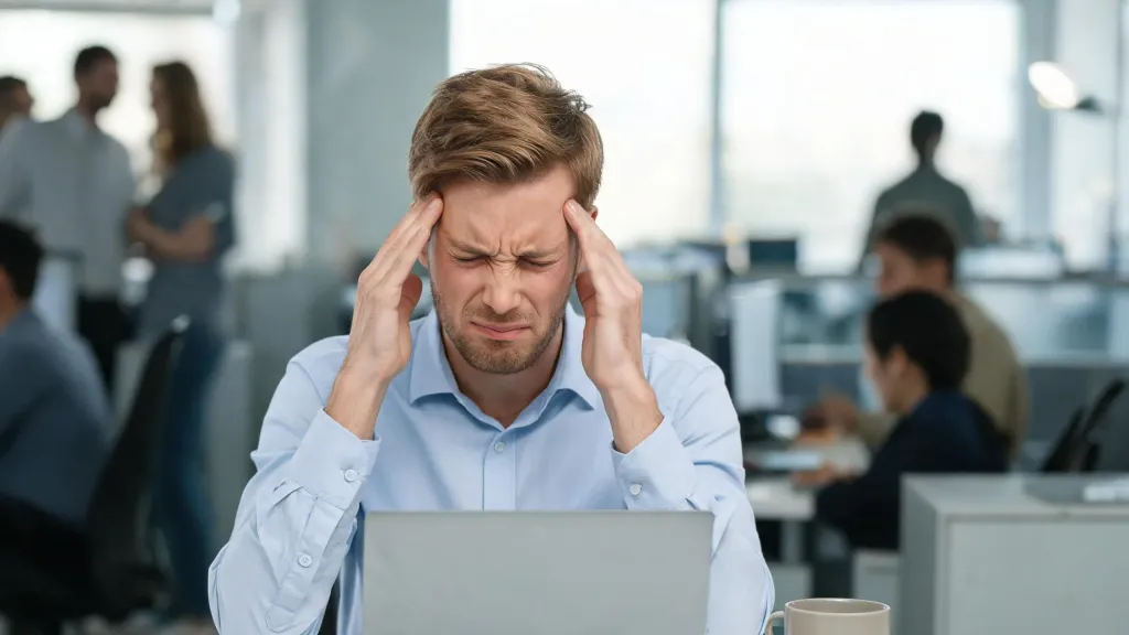 Professional looking stressed and distracted while trying to work at a desk in a noisy open office environment