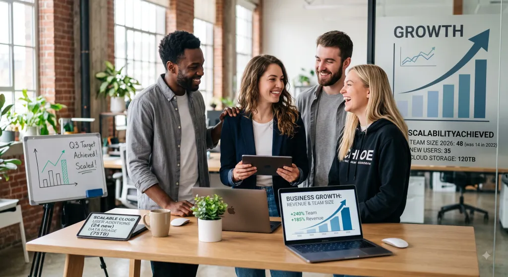A diverse business team smiling and looking at a tablet together in a bright office, with laptops showing business growth metrics and charts.