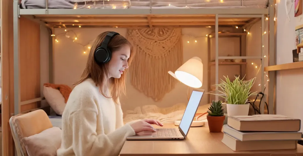 Young female student studying in a cozy dorm room wearing over-ear headphones, warm ambient lighting from a desk lamp, laptop open on desk with potted plants and books nearby, lifestyle editorial photography, no text, no logos, clean edges, no borders, no black bars, full bleed composition, edge-to-edge content, no text, no logos, no watermarks, no signatures, no UI badges, no stamps