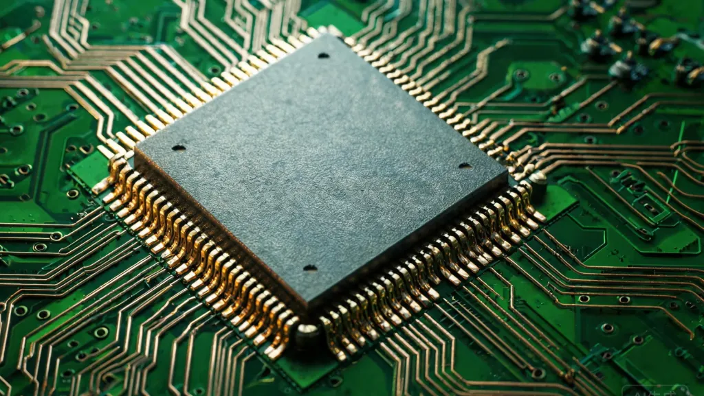 Extreme close-up of a DSP chip on a green circuit board with gold pins and circuit traces