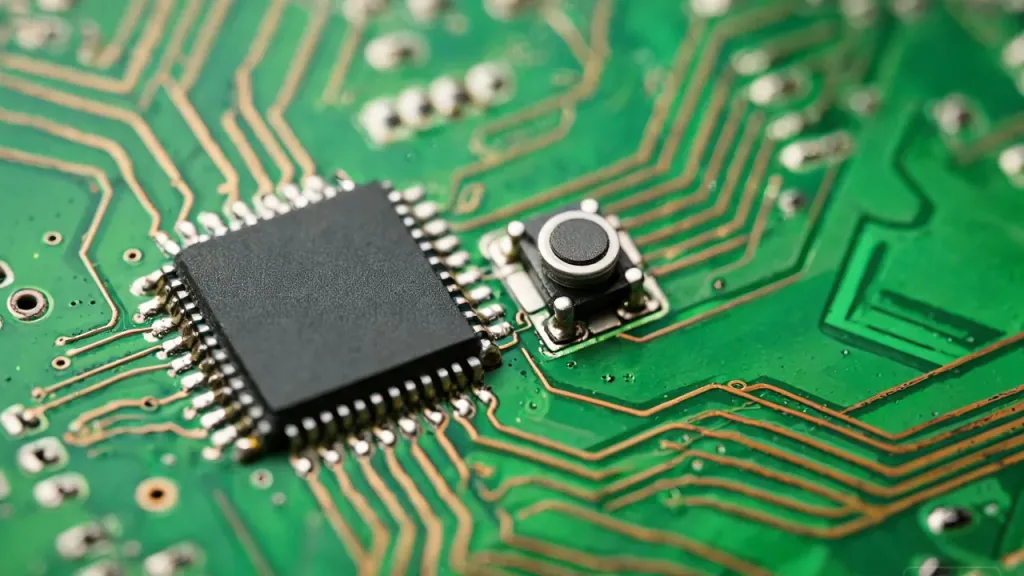 Macro photograph of a small DSP processor and MEMS microphone components on a circuit board