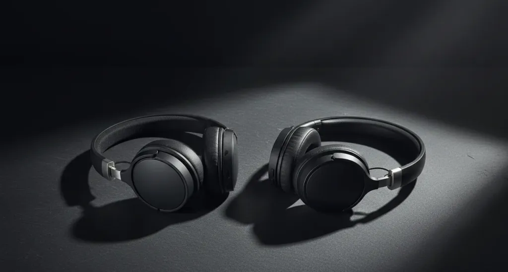 Two over-ear wireless headsets placed side by side on a sleek dark surface with dramatic studio lighting creating sharp shadows