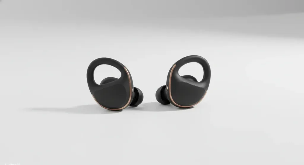 Nahaufnahme von modernen Wireless-Earbuds in mattschwarzem Premiumdesign auf hellem Untergrund