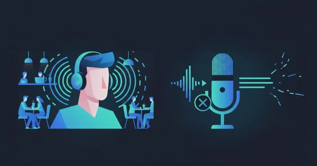 A diagram comparing ANC vs ENC technology, illustrating how a wireless headphone with noise cancelling microphone purifies voice input for AI tools.