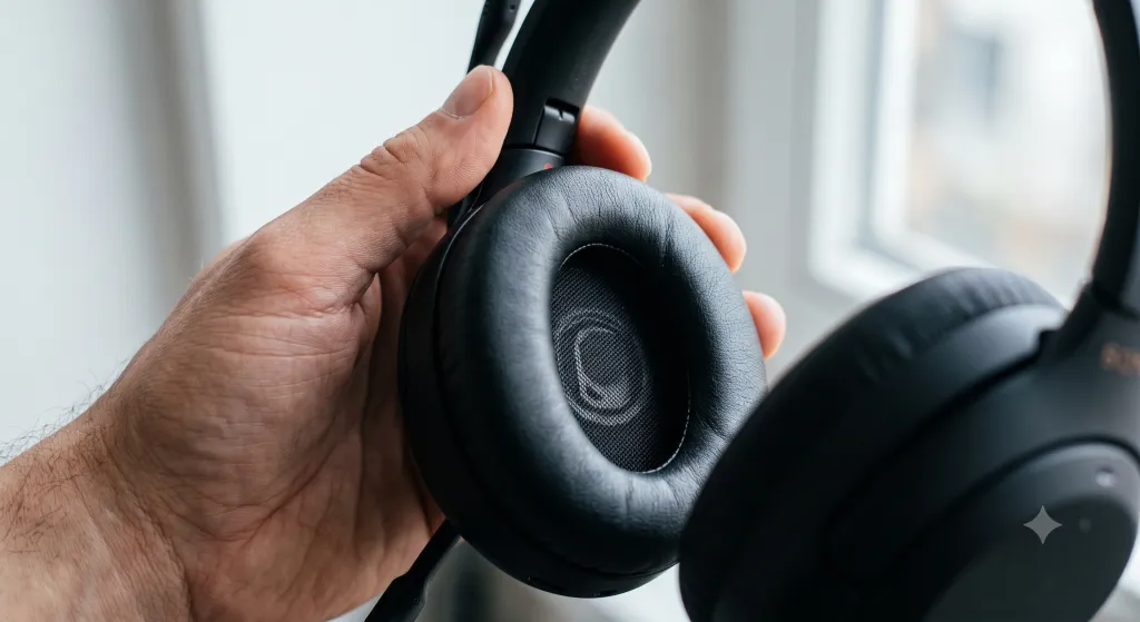 A detailed look at the plush ear cups and construction that help reduce audio fatigue during long calls.