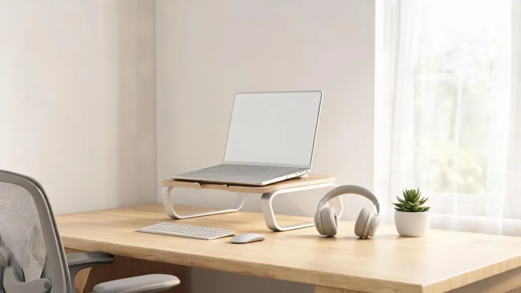 Close-up of a clean organized desk with ergonomic chair laptop wireless keyboard and premium wireless headset under bright natural light from a window