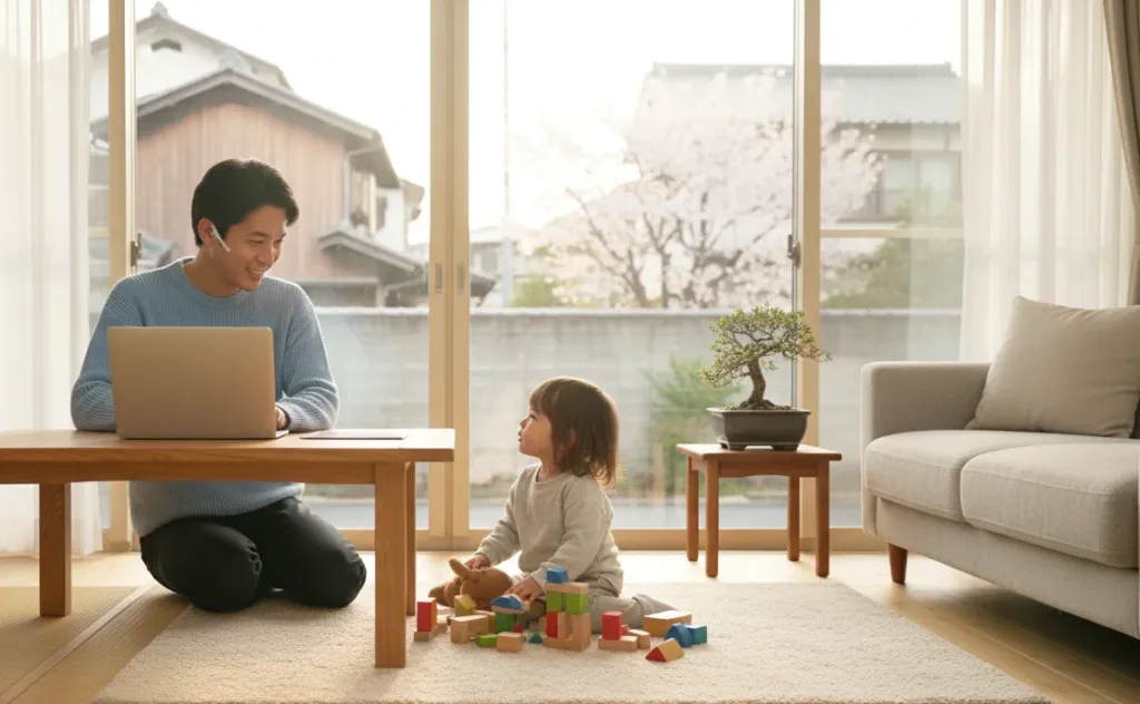 家族と同じ空間で、子どもの遊ぶ様子を見守りながら在宅ワークする父親の温かいシーン
