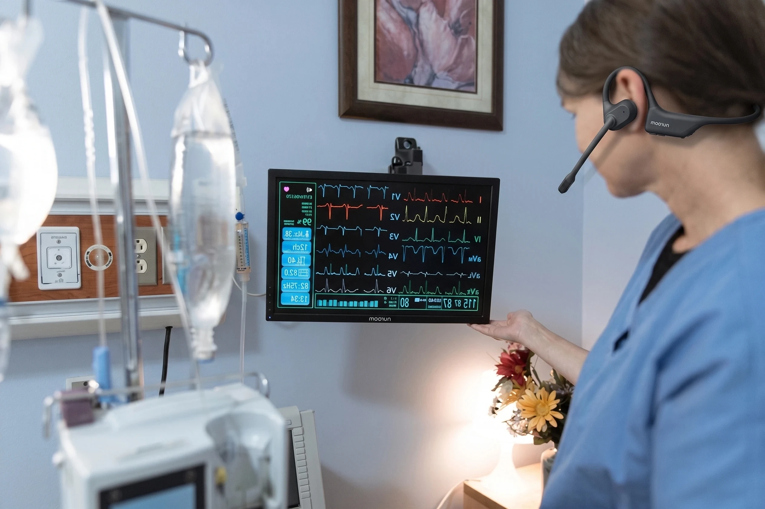 Virtual nurse at multi-monitor command center wearing open-ear headset