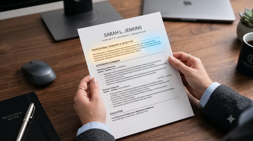Hiring manager scanning a customer service resume with highlighted objective statement