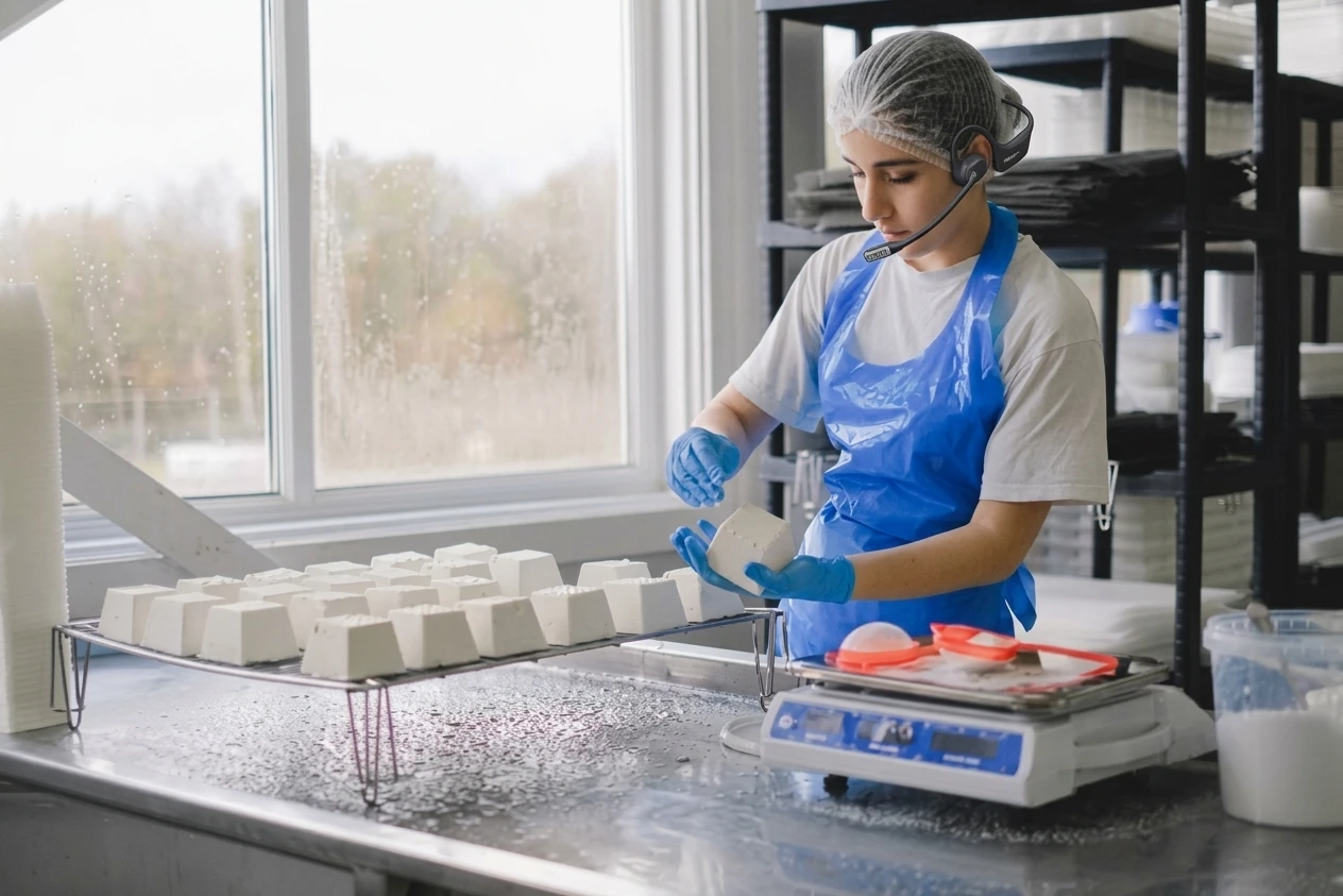 Frontline worker wearing hairnet, gloves, and safety glasses.