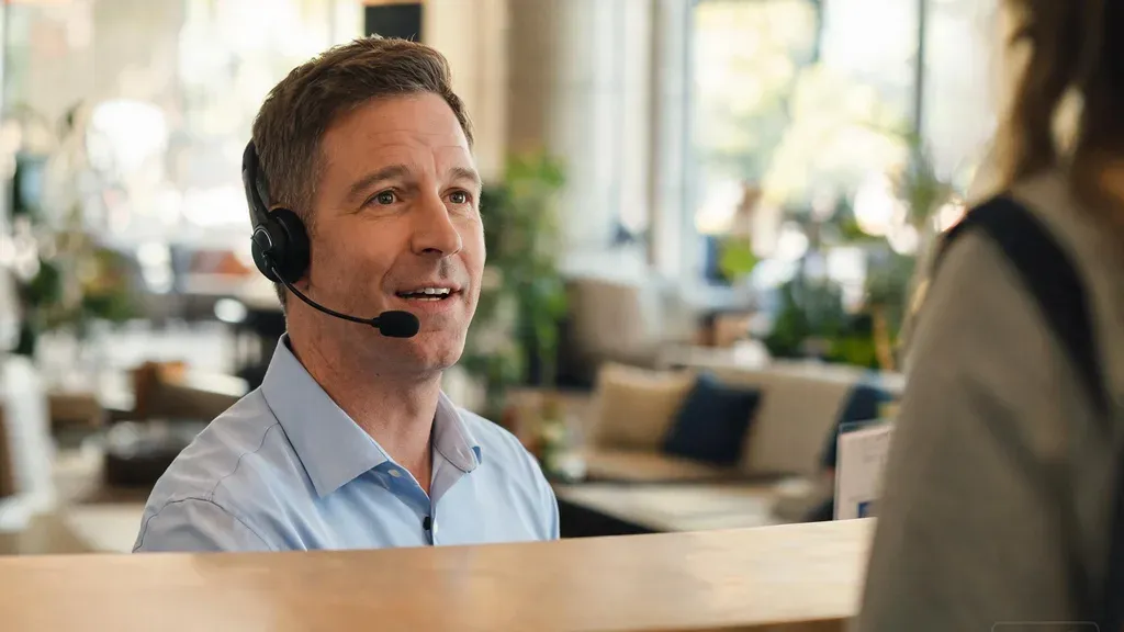 Receptionist at a hotel front desk looking up from a call to acknowledge an approaching guest, one ear free for her surroundings