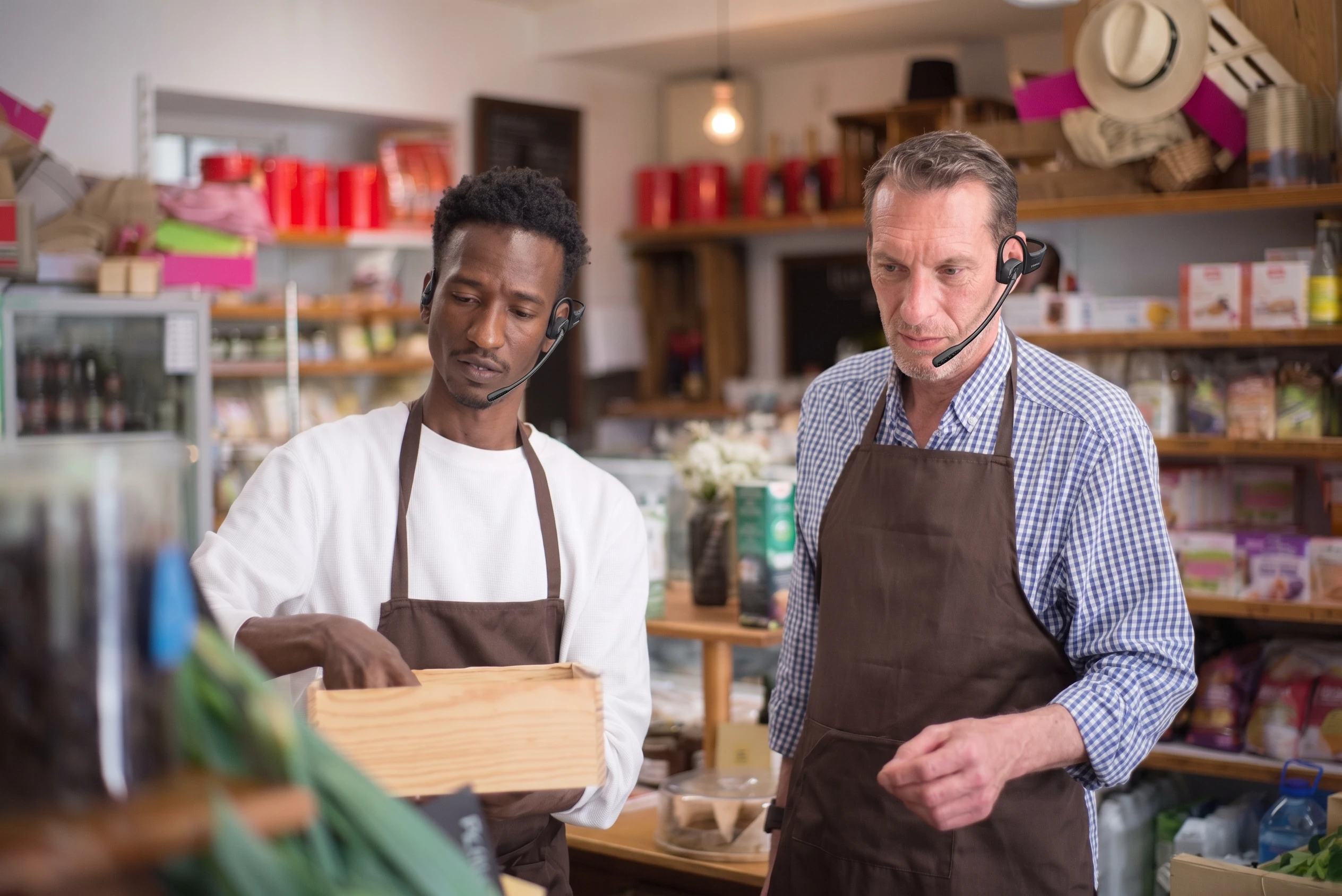 Retail floor staff wearing open ear headset for situational awareness