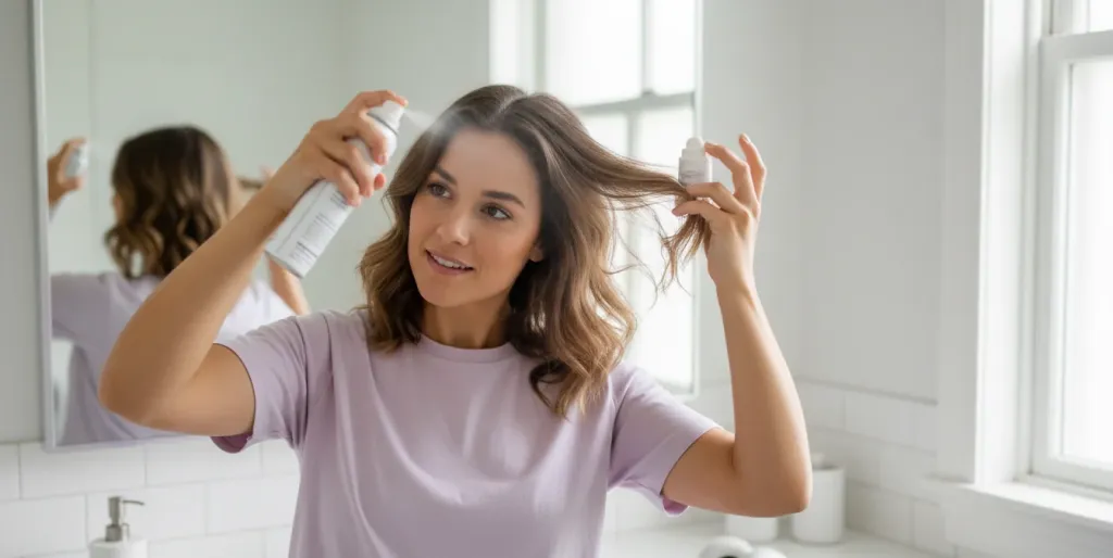 Person applying dry spray to restore volume to hair flattened by headphone wear