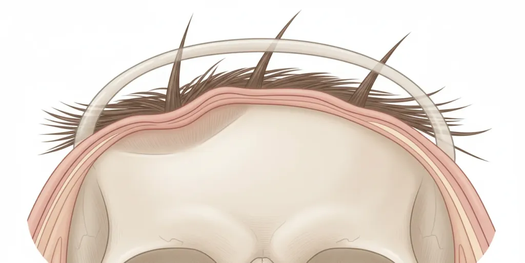 Educational cross-section showing hair and scalp compression versus the intact skull underneath