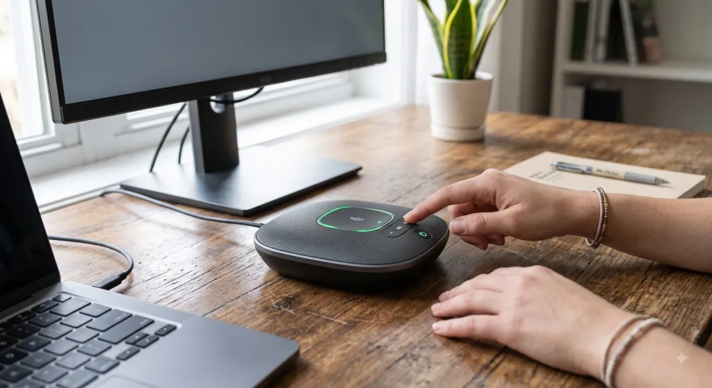 Close-up of a person's hands operating a wireless Bluetooth conference speakerphone on a wooden desk near a laptop and monitor.