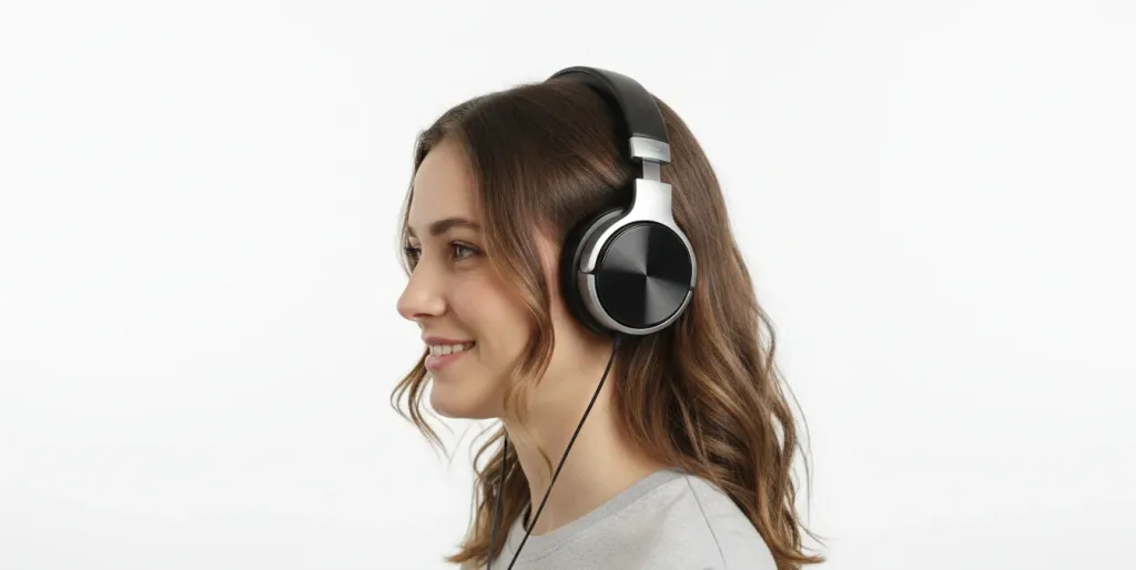 Person wearing over-ear headphones with the band positioned at the back of the head to avoid crown pressure