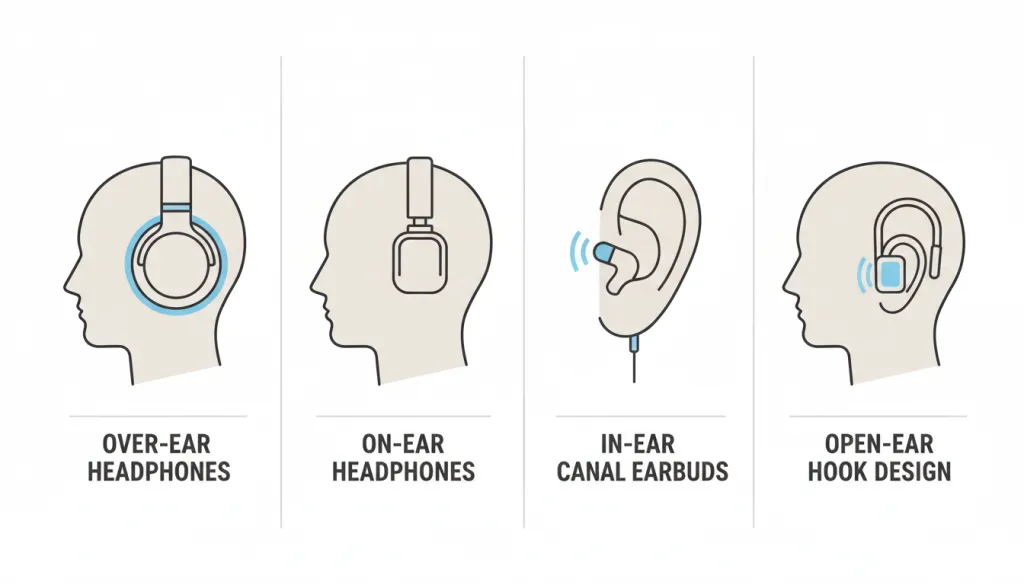 図4：4つのヘッドホンタイプの比較——それぞれの装着方式と特徴の違い