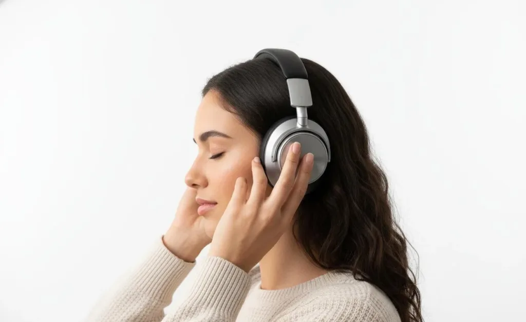 Side view of a woman adjusting a pair of silver over the ear headphones for small heads to showcase a comfortable and snug fit.