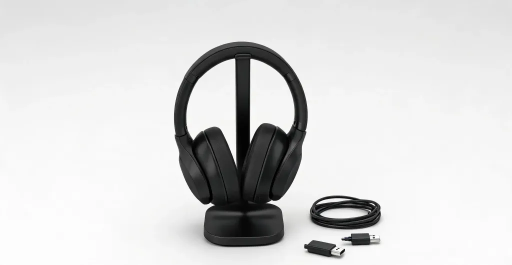 Sleek modern wireless over-ear headset displayed on a charging stand with USB cable and wireless dongle arranged beside it, bright studio lighting on a clean light gray background, premium product photography style, clean edges, no borders, no black bars, full bleed composition, edge-to-edge content, no text, no logos, no watermarks, no signatures, no UI badges, no stamps