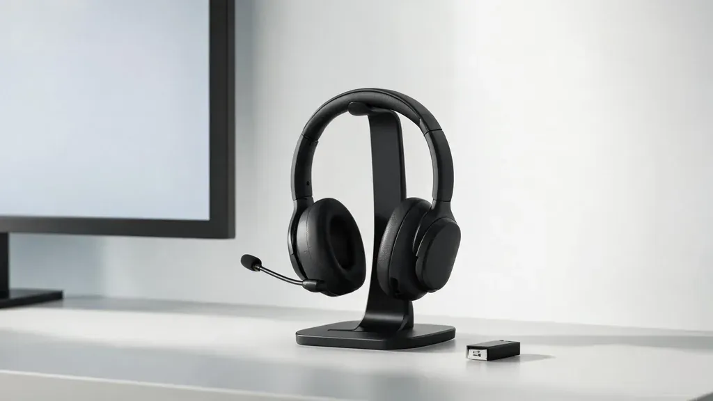 A wireless headset with a boom mic resting on a charging stand on a desk, showing the included charging base