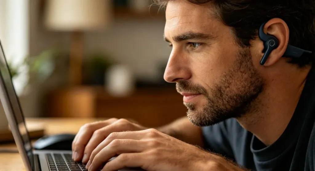 Close-up of a person wearing modern open-ear headphones while typing on a laptop keyboard, showing ergonomic comfort and fit
