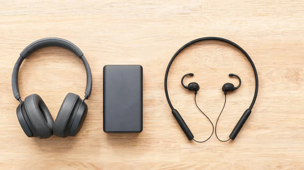 Side-by-side comparison of two headset styles on a clean surface, one over-ear wireless model and one lightweight open-ear model, professional product photography, top-down view